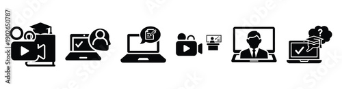 set of minimalist virtual class meeting icons. E-learning silhouette vector icon set in black color and white background