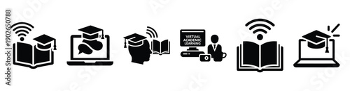 set of minimalist virtual academic online icons. E-learning silhouette vector icon set in black color and white background