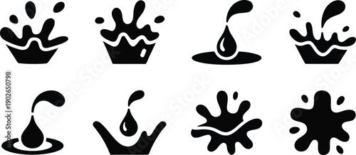 Set of eight black liquid splash icons and abstract ink blot forms on a pristine white canvas