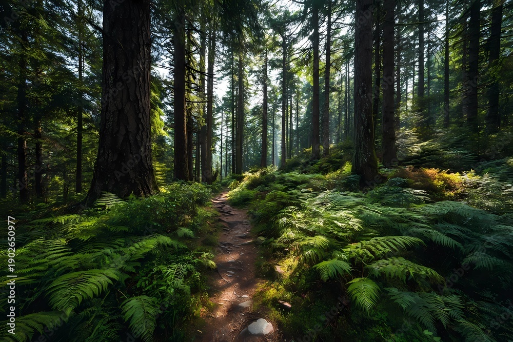Fototapeta premium Path through a dense forest with tall trees and green ferns in the early morning light