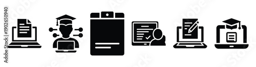set of minimalist virtual digital education icons. E-learning silhouette vector icon set in black color and white background