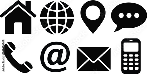 Set of monochrome flat symbols for modern digital and traditional communication channels