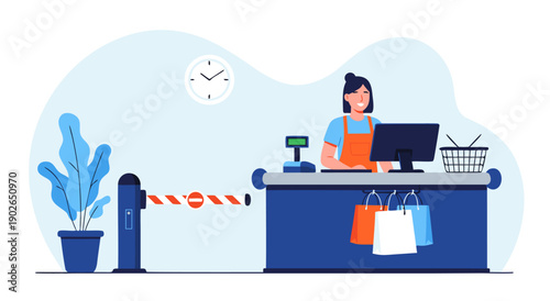 Convenience store checkout vector illustration with friendly cashier and shopping bags, representing retail services