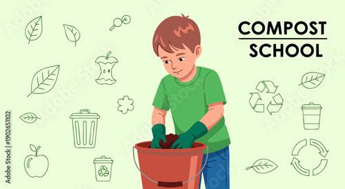 Compost School vector illustration of a boy learning about composting and recycling, promoting environmental education and sustainability