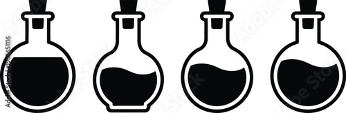 Simple black and white icons of glass bottles with corks containing varying liquid amounts displayed in a row