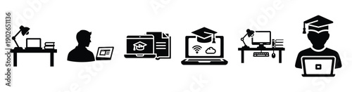set of minimalist virtual learning analytics icons. E-learning silhouette vector icon set in black color and white background