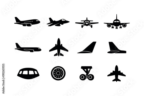 Airplane. Solid icon set of airplane: passenger airplane, jet aircraft, propeller plane, airplane front view, airplane side view, airplane