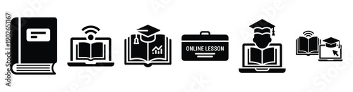 set of minimalist virtual learning chat icons. E-learning silhouette vector icon set in black color and white background