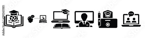 set of minimalist virtual learning assessment icons. E-learning silhouette vector icon set in black color and white background