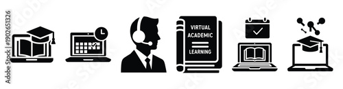 set of minimalist virtual learning progress icons. E-learning silhouette vector icon set in black color and white background