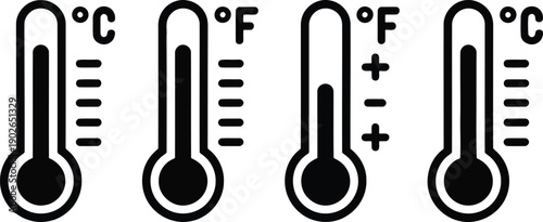 Simple black line art thermometers showing varying Celsius and Fahrenheit temperatures with plus minus signs