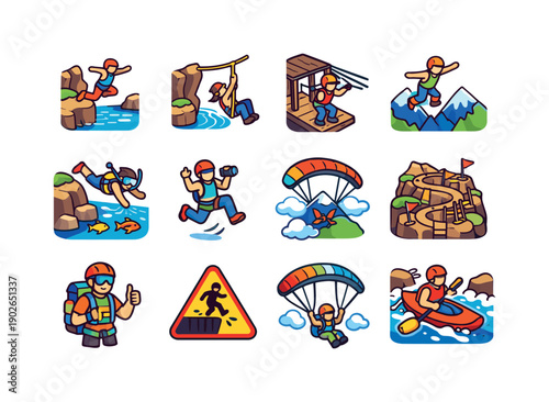 Outdoor thrill. Colorful isometric vector icons set of outdoor thrill: cliff jump, rope swing, zipline start, mountain leap, nature dive,