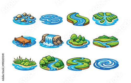 Colorful River Icons. River Features. Colorful isometric vector icons set of River Features: riverbed rocks, stream ripples, river curve, delta with channels,