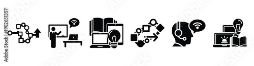 set of minimalist virtual learning space icons. E-learning silhouette vector icon set in black color and white background