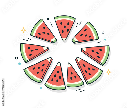 Watermelon Slice Harmony. Watermelon slices. Flat lay composition with several watermelon slices arranged in a circular pattern. Playful yet calm summer mood,