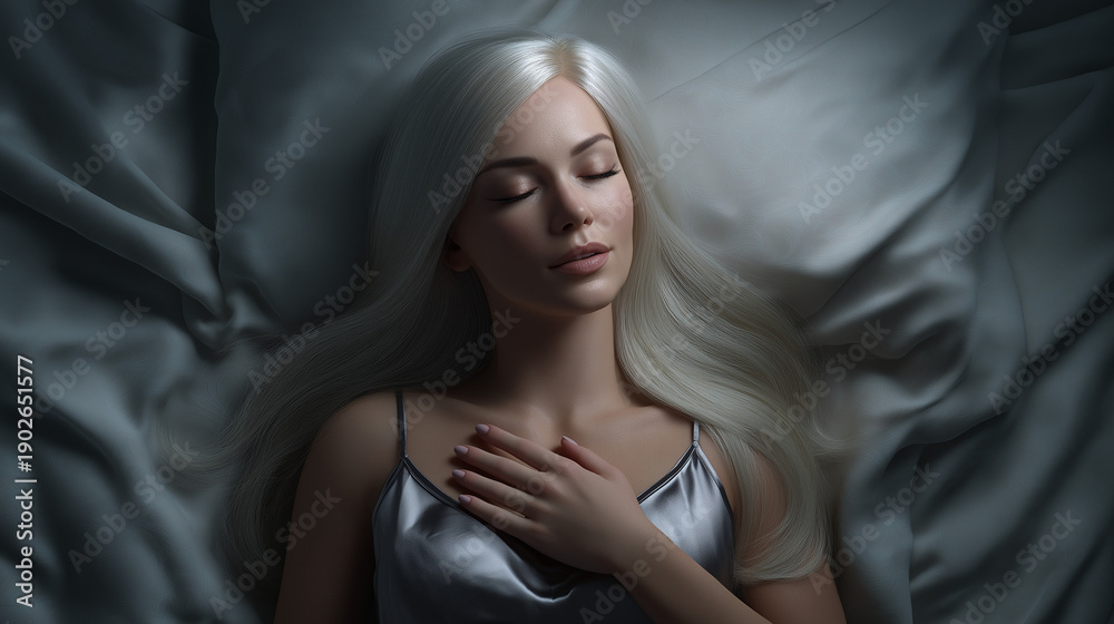 Fototapeta premium Beautiful platinum blonde woman with straight hair sleeping