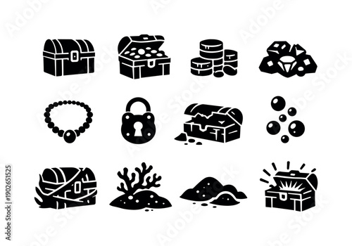 Sunken Treasure Chest. Solid icon set of Sunken Treasure Chest: treasure chest, open chest, gold coins, gemstone pile, pearl necklace,