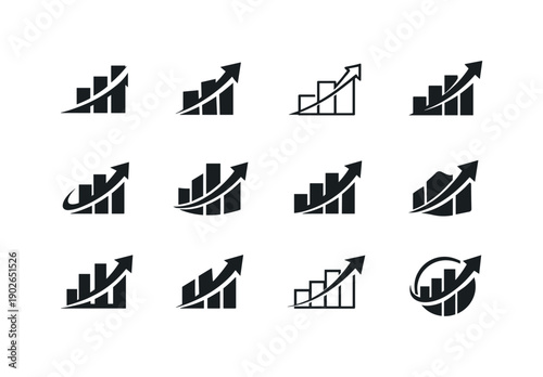 Wealth Management Icons. Wealth management. Icon set. Set Logo of wealth management: rising bar chart with arrow. harmonious logo variations of the same