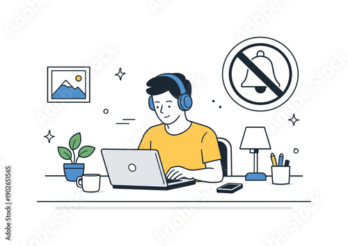 Boundary setting at work remote. A person calmly working at a home desk with a "Do Not Disturb" icon and clear workspace area. The