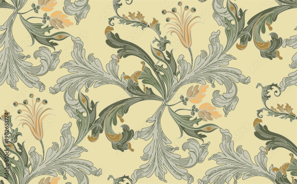 Fototapeta premium Pattern of flowers and leaves with elements of gothic ornament in vintage style