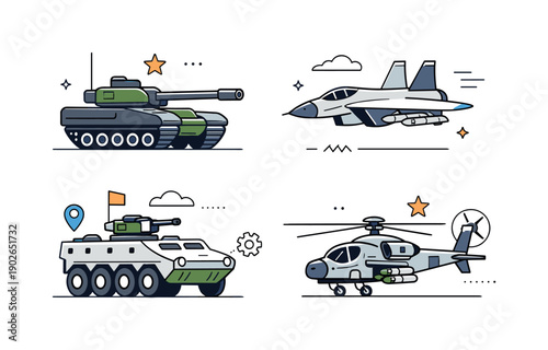 Military hardware. A clean editorial scene with simplified military vehicles displayed in a neutral, informational way. The mood is technical