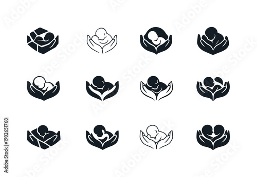 maternal and child health. Icon set. Set Logo of maternal and child health: hands cradling infant symbol. harmonious logo variations of the