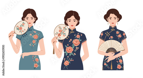 Vector set collections of Chinese women wearing elegant qipao dress with floral embroidery, highlighting cultural beauty, national fashion, and Asian heritage in flat vector style