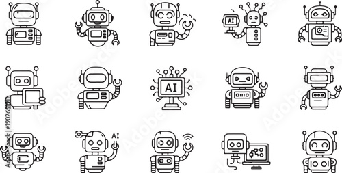 A collection of diverse and expressive robots in various poses and activities