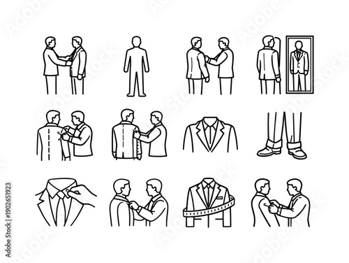 Suit Fitting Process. Line icon set of Suit Fitting Process: suit fitting, client silhouette, tailor adjusting sleeves, mirror reflection,
