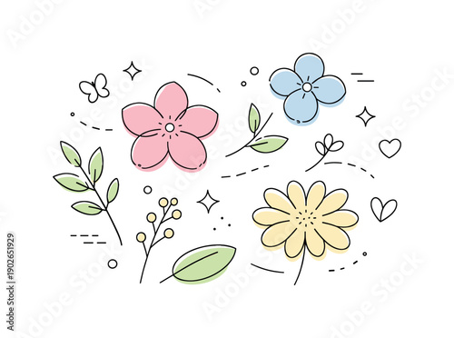 Pressed flowers spring. Abstract floral shapes in soft spring tones floating across the composition, inspired by the look of pressed petals