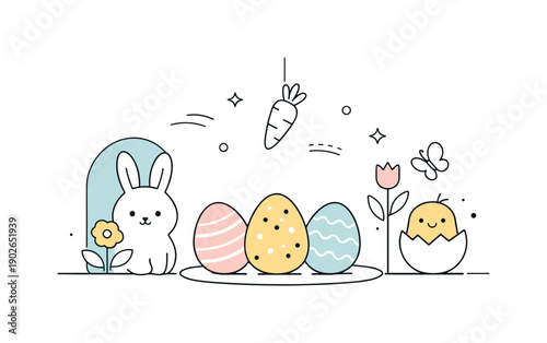 Minimal Easter scene. Abstract shapes and soft decorations representing Easter mood, balanced and modern. Clean seasonal design with fresh