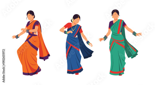 Vector set collections of Indian women wearing colorful sari with bangles and bindi, representing cultural tradition, spiritual beauty, and South Asian heritage in modern flat vector illustration