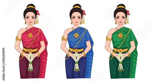Vector set collections of Thai women wearing traditional silk dress with golden accessories, showing royal elegance, cultural heritage, and Southeast Asian fashion