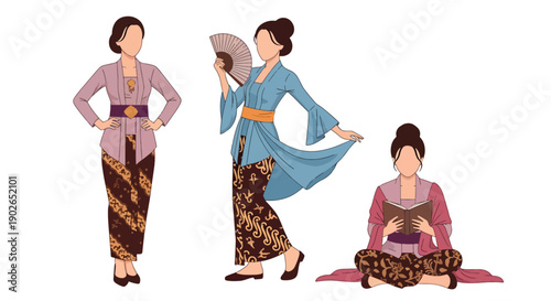 Vector set collections of Indonesian women wearing kebaya blouse and batik skirt, highlighting national costume, cultural identity, and Southeast Asian heritage in modern flat vector style