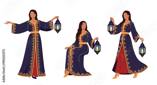 Vector set collections of Moroccan women wearing embroidered kaftan with decorative belt, showing Middle Eastern luxury, cultural tradition, and North African fashion