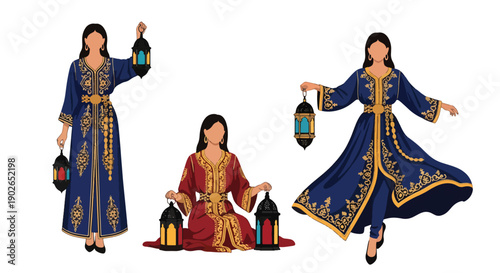 Vector set collections of Moroccan women wearing embroidered kaftan with decorative belt, showing Middle Eastern luxury, cultural tradition, and North African fashion
