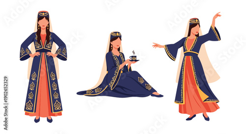 Vector set collections of Turkish women wearing Ottoman-style traditional dress with headpiece, representing historical culture, imperial fashion, and Middle Eastern heritage