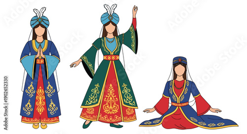 Vector set collections of Turkish women wearing Ottoman-style traditional dress with headpiece, representing historical culture, imperial fashion, and Middle Eastern heritage