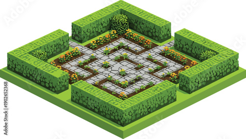 Isometric garden maze illustration featuring symmetrical hedge walls, stone pathways, flower beds, and central plant cluster for landscaping, architectural visualization, and game environment design