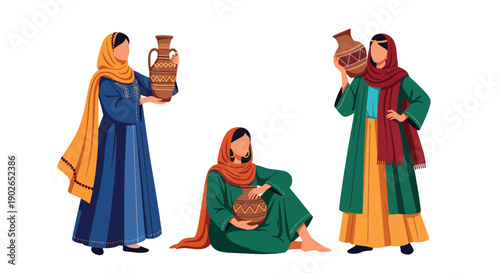 Vector set collections of Egyptian women wearing traditional galabeya with headscarf, highlighting ancient culture, desert heritage, and Middle Eastern fashion
