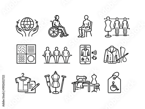 Inclusive Fashion Icons. Inclusive Fashion Design. Line icon set of Inclusive Fashion Design: inclusive icon, fashion sketch with wheelchair, seated mannequin,