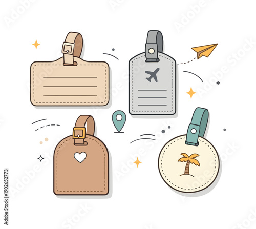 Minimalist Luggage Tags. Neutral luggage tags set. A calm flatlay of different minimalist luggage tags in beige, gray, and light brown tones, with soft shadows