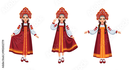 Vector set collections of Russian women wearing sarafan dress and kokoshnik headdress, highlighting Slavic heritage, winter culture, and national traditional fashion