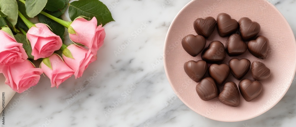 Fototapeta premium Valentines day table setting with pink plate of chocolate strawberries and roses on a white marble background