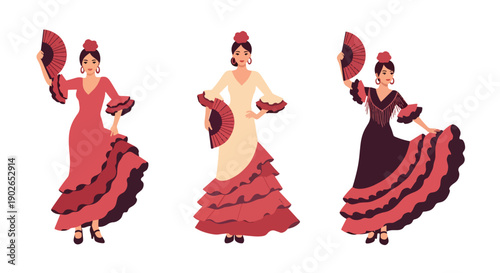 Vector set collections of Spanish women wearing flamenco dress with hair flower and fan, presenting Andalusian culture, dance heritage, and romantic national fashion