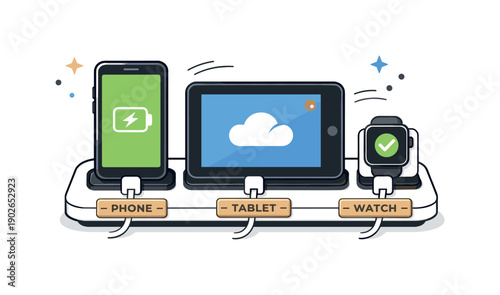 Organized Charging Station. Charging station with cable ties. A phone, tablet, and smartwatch charging neatly on a tray with labeled wooden cable ties,