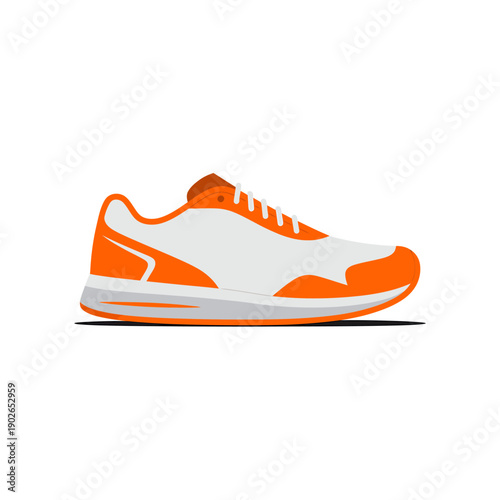 Orange and white athletic shoe with laces and sole detail