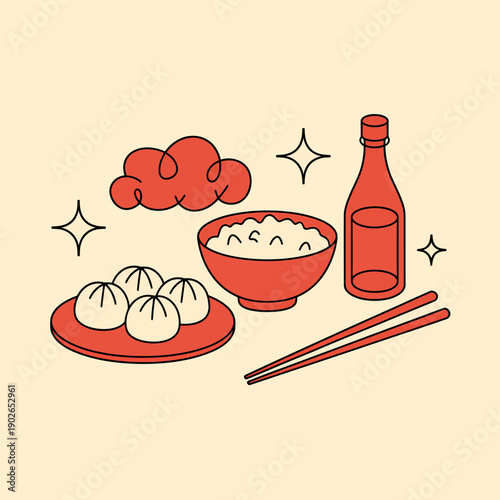 Asian food and drink with dumplings rice and chopsticks  Chinese meal