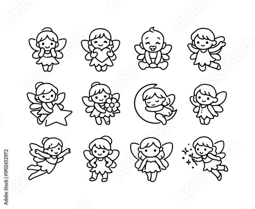 Cute Fairy Icon Set. Cute Fairies. Line icon set of Cute Fairies: smiling fairy, fairy with heart, baby fairy, fairy waving, fairy sitting on star, fairy with