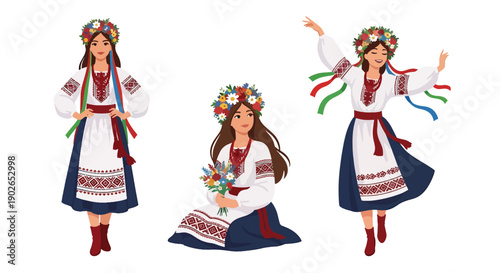 Vector set collections of Ukrainian women wearing vyshyvanka dress and flower crown, representing Slavic identity, agricultural tradition, and cultural heritage